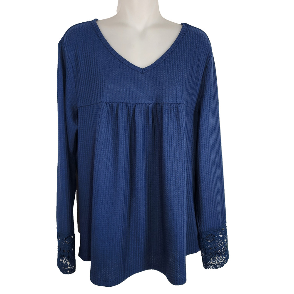 Dokotoo Women Babydoll Top Large Waffle Knit V Neck Long Sleeve Lace Blue Casual